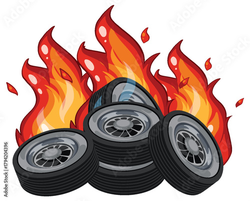 Stack of Car Tires Burning with Intense Flames