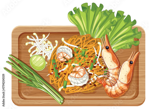 Shrimp Pad Thai Noodles on Wooden Serving Tray Illustration