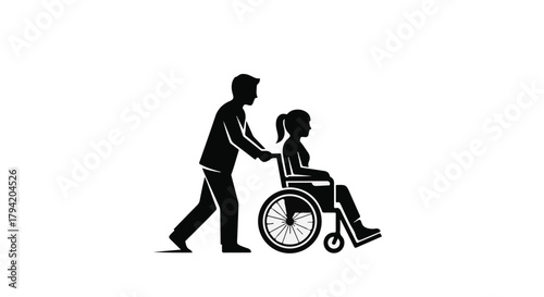 Caring individual assists person in wheelchair, symbolizing support and inclusion.
