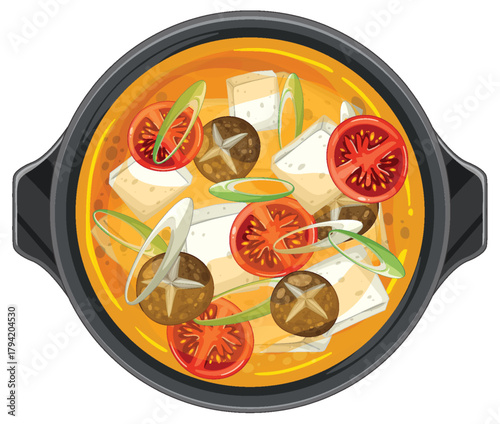 Korean Tofu Stew with Mushrooms and Vegetables in Pot