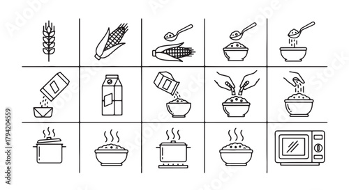 Set of cooking instruction icons simple line vector illustration for food preparation isolated on wh