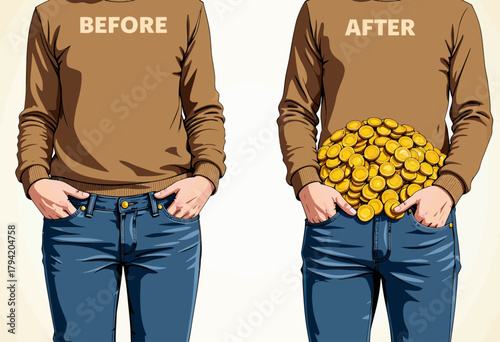 Illustration Showcasing a Person in Casual Outfit Before and After Dramatic Increase in Wealth Represented by Overflowing Coins