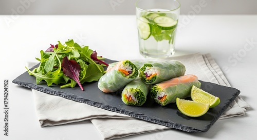 A bright, realistic image of Vietnamese salad rolls presented on a rectangular slate board with mixed greens and lime wedges on the side.