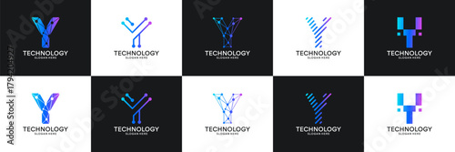 Set of initial letter Y technology circuit connection digital data network logo design inspiration.