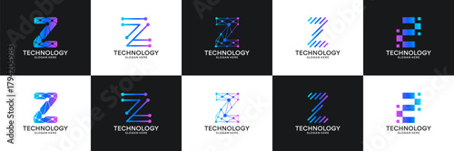 Set of initial letter Z technology circuit connection digital data network logo design inspiration.