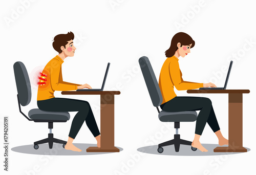 Illustration comparing proper and improper sitting posture at a desk, showing the impact on back health and highlighting ergonomic seating solutions