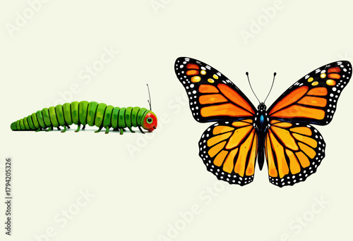 Vivid Illustration Highlighting the Metamorphosis Process from Caterpillar to Butterfly with Colorful Wings