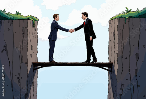 Business Professionals Shaking Hands on Narrow Bridge Symbolizing Agreement Amidst Challenging Negotiations and Building New Connections