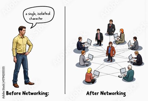 Illustration Highlighting the Transformation from Isolation to Connectivity Through Effective Networking Strategies Among Professionals