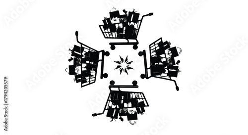 Whimsical arrangement of full shopping carts in a circular pattern, symbolizing abundant commerce.