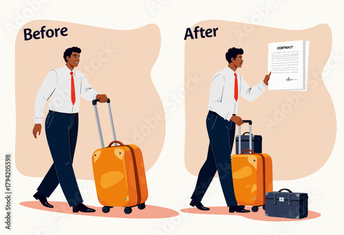 Illustration Showing Two Panels of Before and After Scenarios with a Man Holding Luggage and Signing a Contract Screened on a Wall