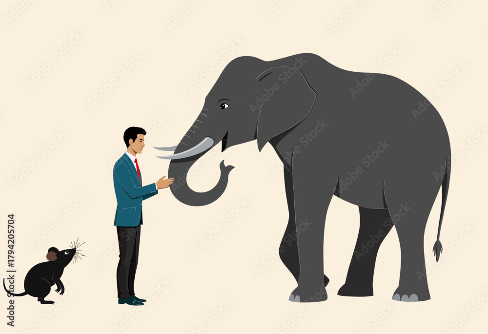 Obraz premium Illustration of a Man Interacting with a Large Elephant and a Mouse, Highlighting Contrast in Size and Unlikely Animal Companionship on a Simple Background