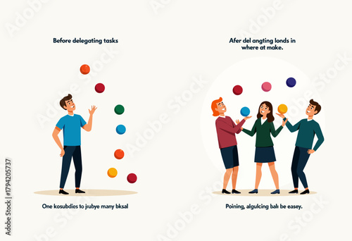 Illustration of Individuals Juggling Colorful Balls, Showcasing Task Delegation and Collaborative Efforts in a Team Environment