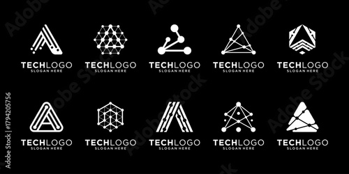 Set of letter A logo design. Geometric initial A isolated on black background. Geometric abstract logo icon vector.