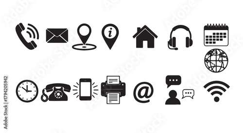 Set of contact information icons simple black glyph vector symbols for business cards isolated on wh