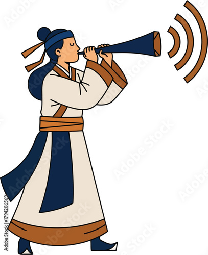 Historical figure blowing horn with sound waves for announcement or traditional communication concept