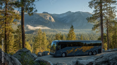 Scenic View of a Coach Bus Parked Near Majestic Mountains Surrounded by Pine Trees in an Outdoor Landscape