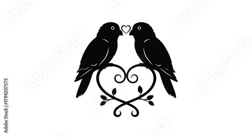 Two silhouette birds perched on a heart-shaped branch, symbolizing love and connection.