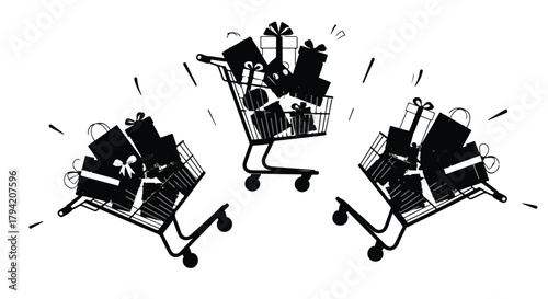 Overflowing shopping carts filled with festive gift boxes, symbolizing abundant purchases and holiday cheer.