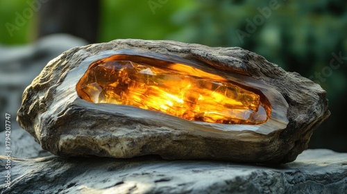An ornament crafted from polished, petrified wood, inlaid with glowing amber resin, rustic futuristic