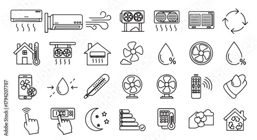 Set of air conditioning icons line art vector symbols for climate control isolated on white backgrou