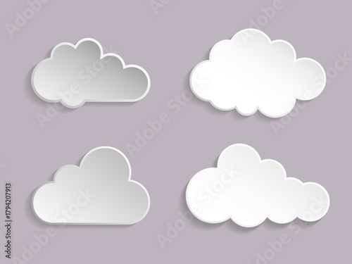 Set of 3D Cloud Icons. Vector Collection of Paper Cut Style Clouds with Shadow Effect