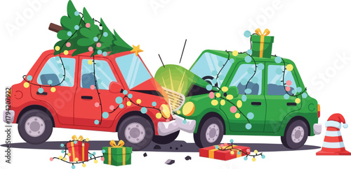 Red and green cars crashed with Christmas tree and gifts in holiday accident high-quality editable EPS vector file