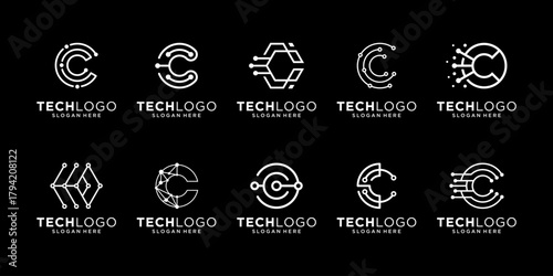 Set of letter C circular with circuit connection logo design inspiration, Geometric abstract logo icon vector isolated on black background.