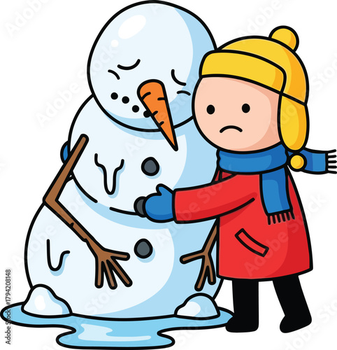 Sad child hugging melting snowman with carrot nose on transparent background editable vector format for creative use