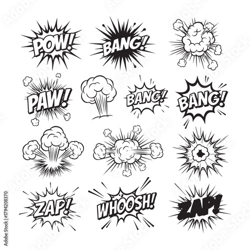 Comic Book Explosion Sound Effects and Boom Bubbles Vector Set