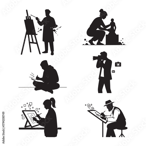 Creative Artist Silhouettes Set: Painter, Sculptor, Photographer, Writer, and Digital Artist Graphics