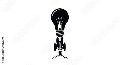 Rocket-powered lightbulb signifies innovation, startup, and bright new ideas taking flight.