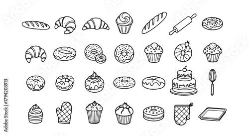 Hand-drawn bakery icon set vector illustration of baking goods isolated on white background