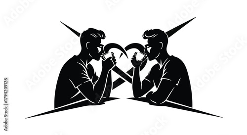 Two determined men in silhouette arm wrestling in a symbolic battle of strength and will.