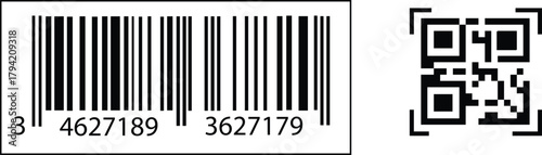 Barcode and QR Code Sticker Set with Sale Tags. Vector set of barcodes, QR codes, and retail sale tags in sticker style. Perfect for packaging, product mockups, or digital labels. Vector set