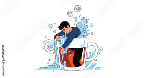 A distressed man, weeping inside an overflowing mug filled with water and abstract shapes, symbolizes being overwhelmed by emotions or a difficult situation.