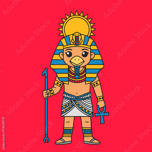 Ra sun god vector illustration or icon. Ancient Egyptian creator deity with falcon head asset.