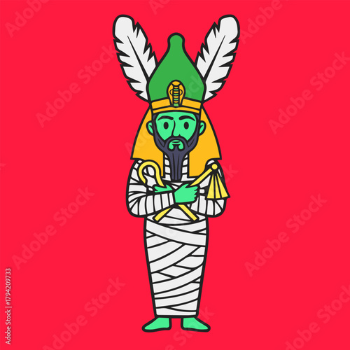 Osiris god of afterlife vector illustration. Ancient Egyptian deity icon holding crook and flail.