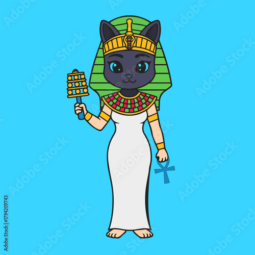 Bastet cat goddess vector illustration. Ancient Egyptian deity icon for feminine charm and protection.