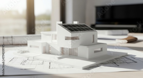 Architectural model of house with solar panels