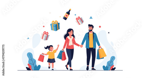 A joyful family of three, parents and daughter, walks with shopping bags, surrounded by festive gifts and a celebratory bottle.