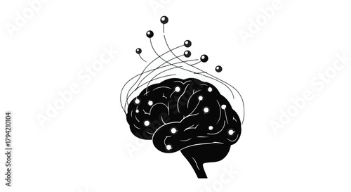 Abstract illustration of a black brain with glowing connections and ideas sparking outwards.