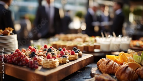 Elegant buffet spread features pastries, fresh fruits, refreshments. Food arrangement for corporate event, meeting, celebration. Business people in suits blurred on background, enjoying break during