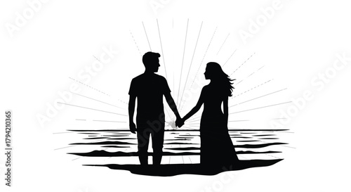 Silhouetted couple holding hands by the ocean at sunrise, symbolizing love and new beginnings.