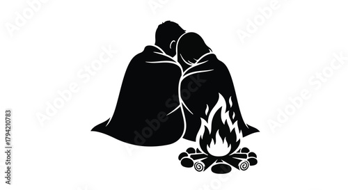 Cozy couple sharing warmth under a blanket by a crackling campfire at night