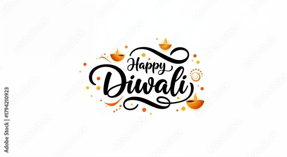 Obraz premium Diwali Festival Design: A vibrant and elegant illustration displays Happy Diwali in decorative script with traditional oil lamps, illuminating the festive spirit of the Diwali celebration.