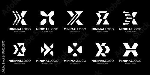 Set of initial letter X with financial arrow business up growth logo design inspiration. Geometric abstract logo icon vector isolated on black background.