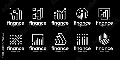 Set of financial statistics business chart bar diagram logo design inspiration. Geometric abstract logo icon vector isolated on black background.