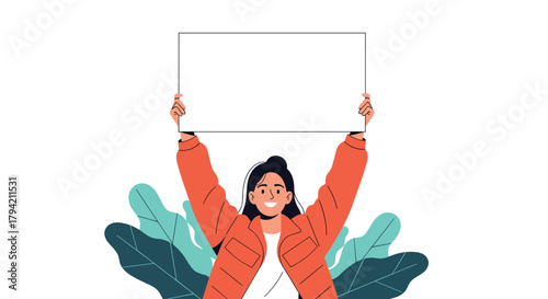 Smiling young woman cheerfully holding up a blank white board or placard, ready for custom text, a message, or an advertisement.