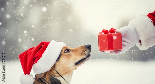 Dog wearing Santa hat receiving gift in snow